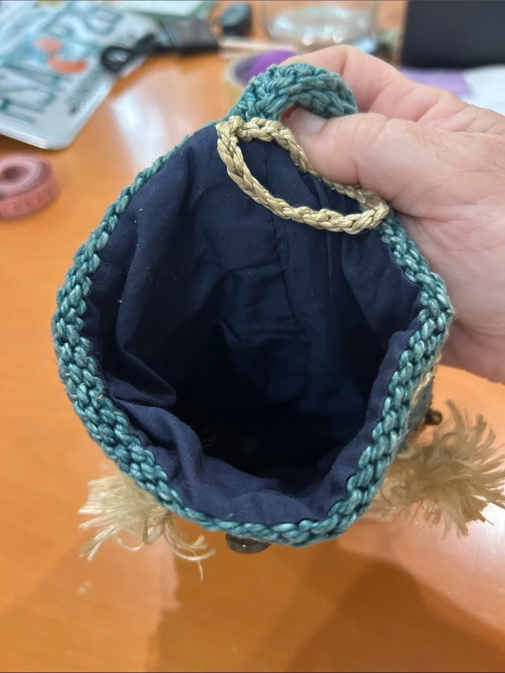Teal and Cream Handwoven Tassel Wristlet Bag